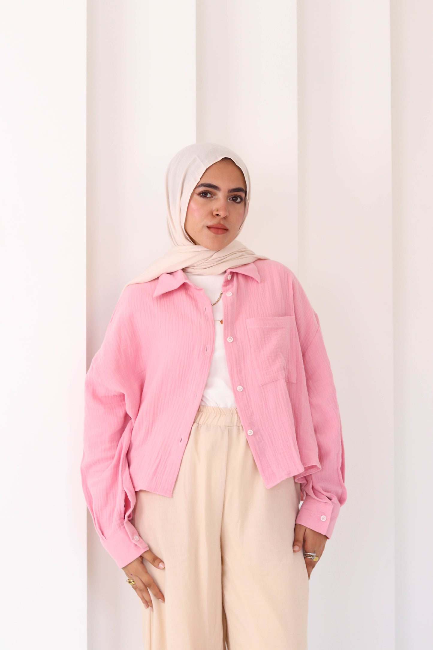 Baby Pink Cropped Crinkled Shirt