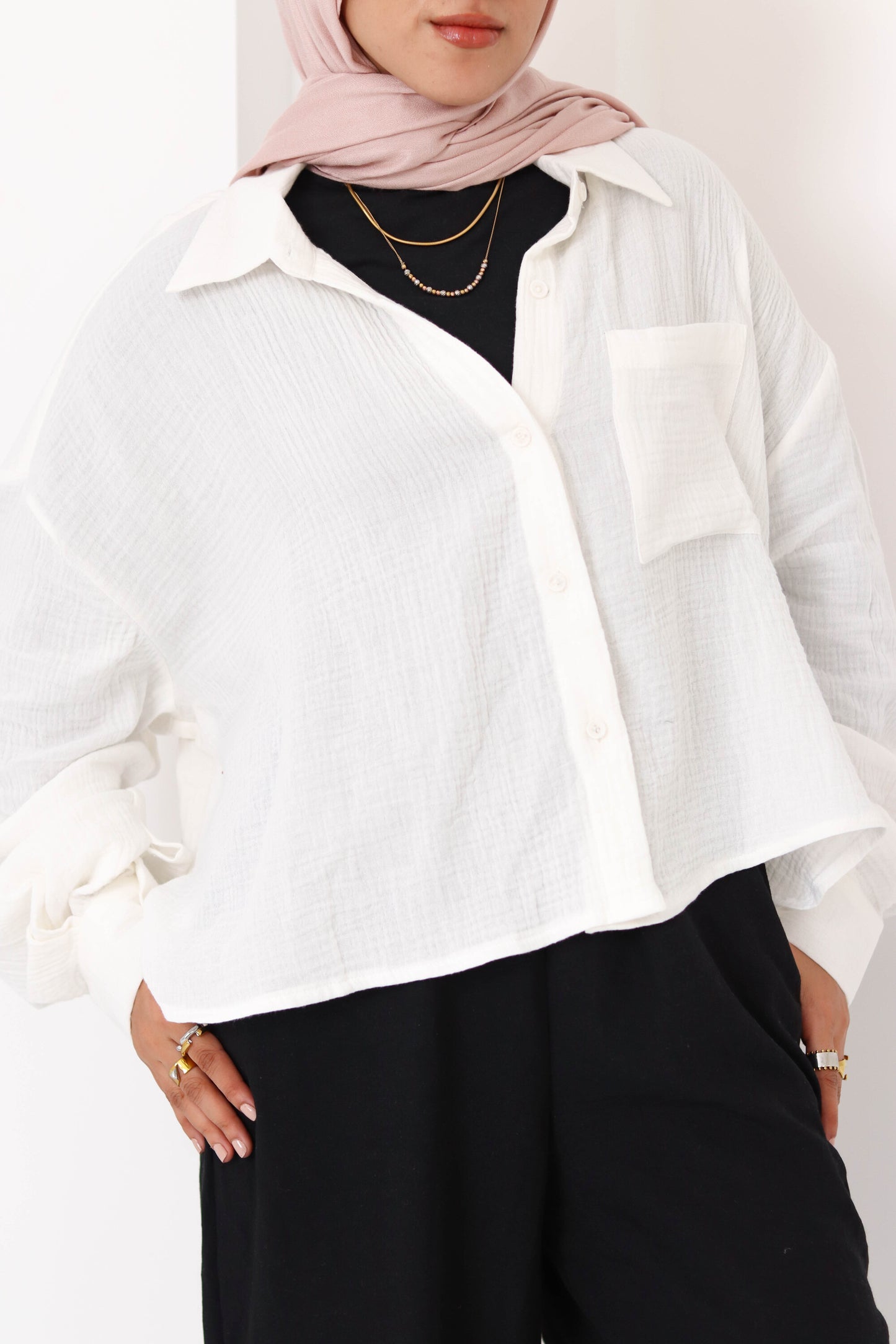 Cream Cropped Crinkled Shirt