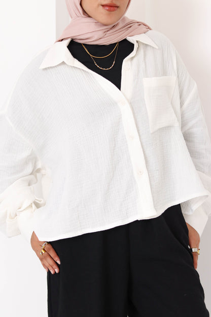 Cream Cropped Crinkled Shirt