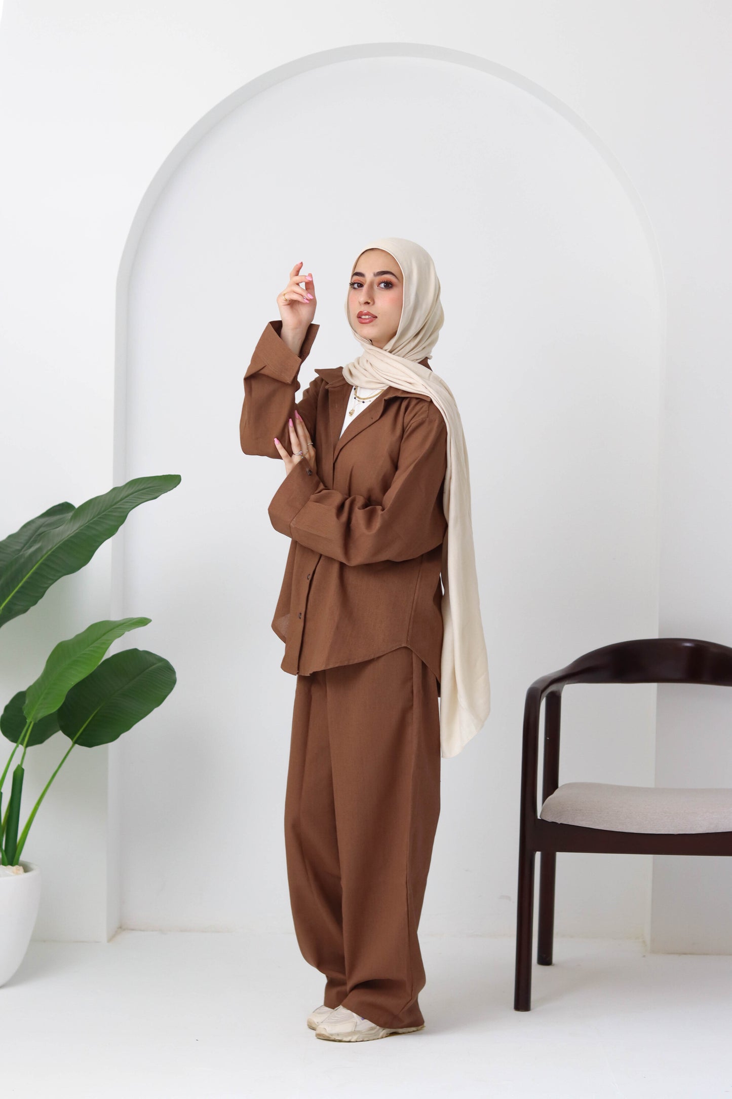 Chocolate Buttoned Linen Set