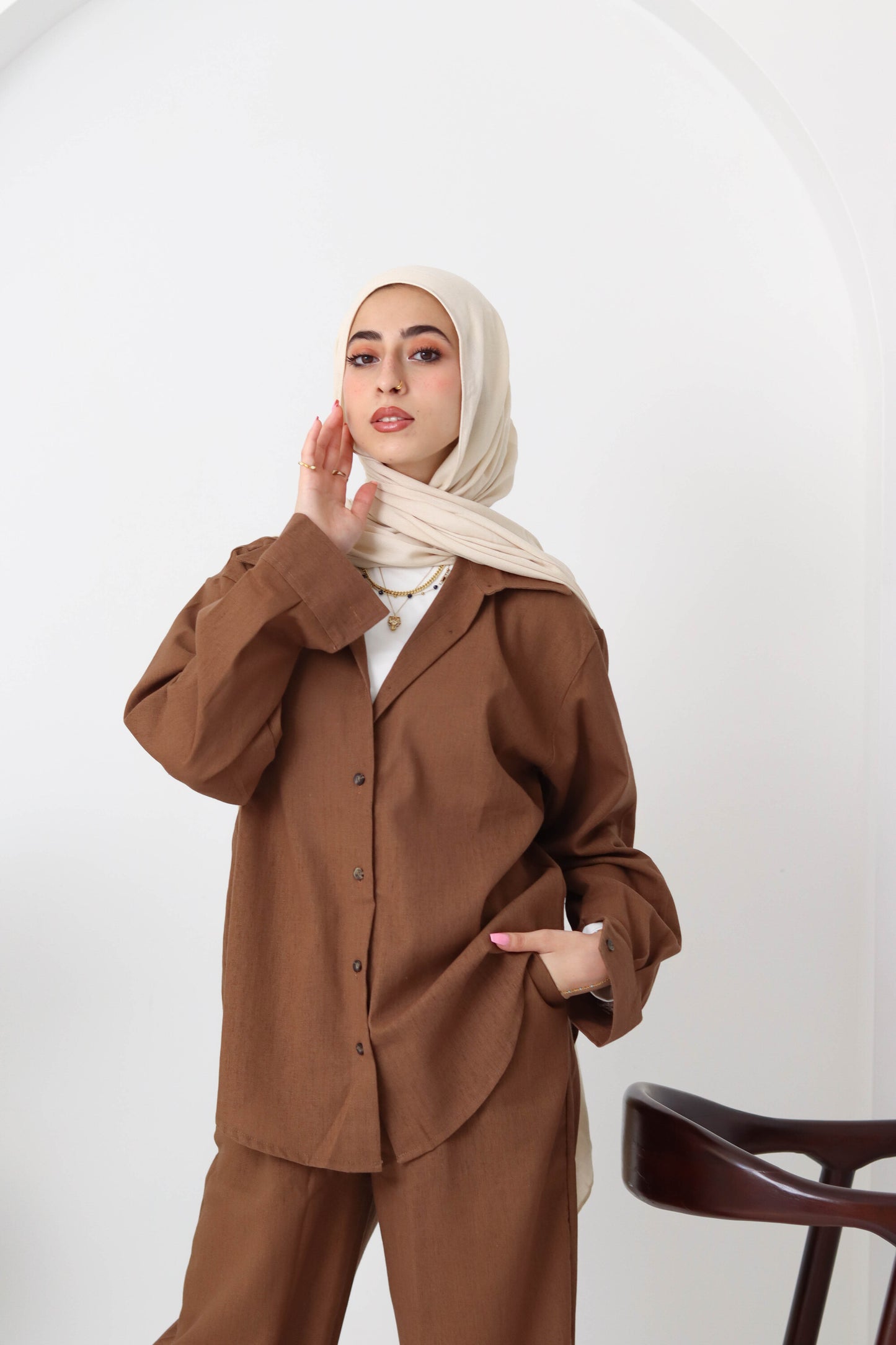 Chocolate Buttoned Linen Set