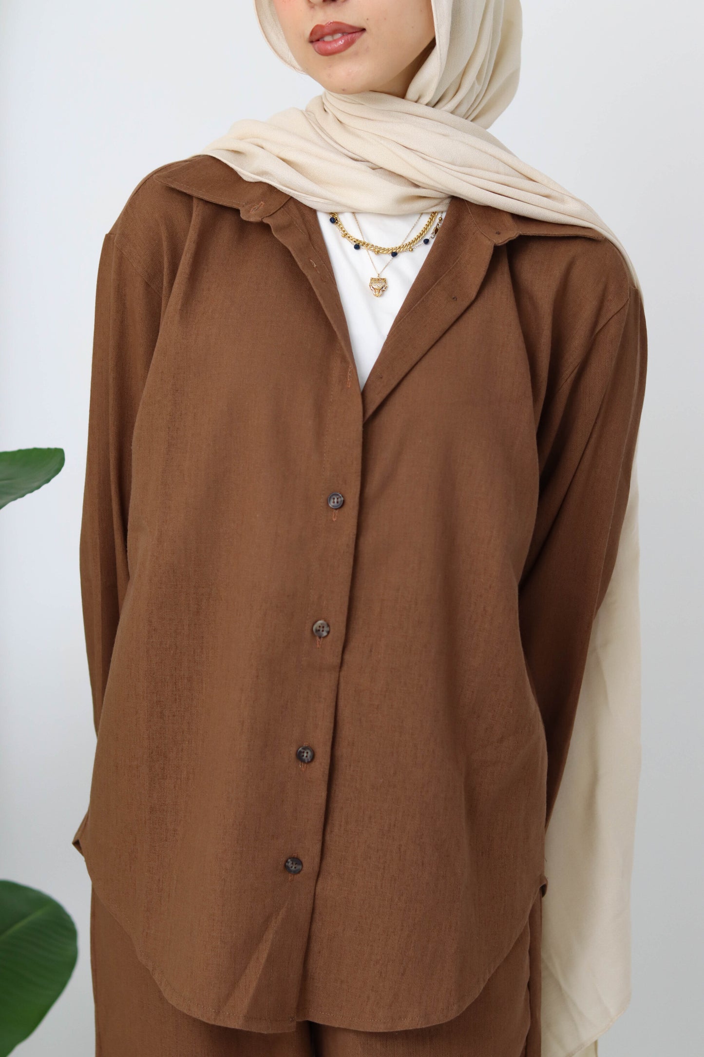 Chocolate Buttoned Linen Set
