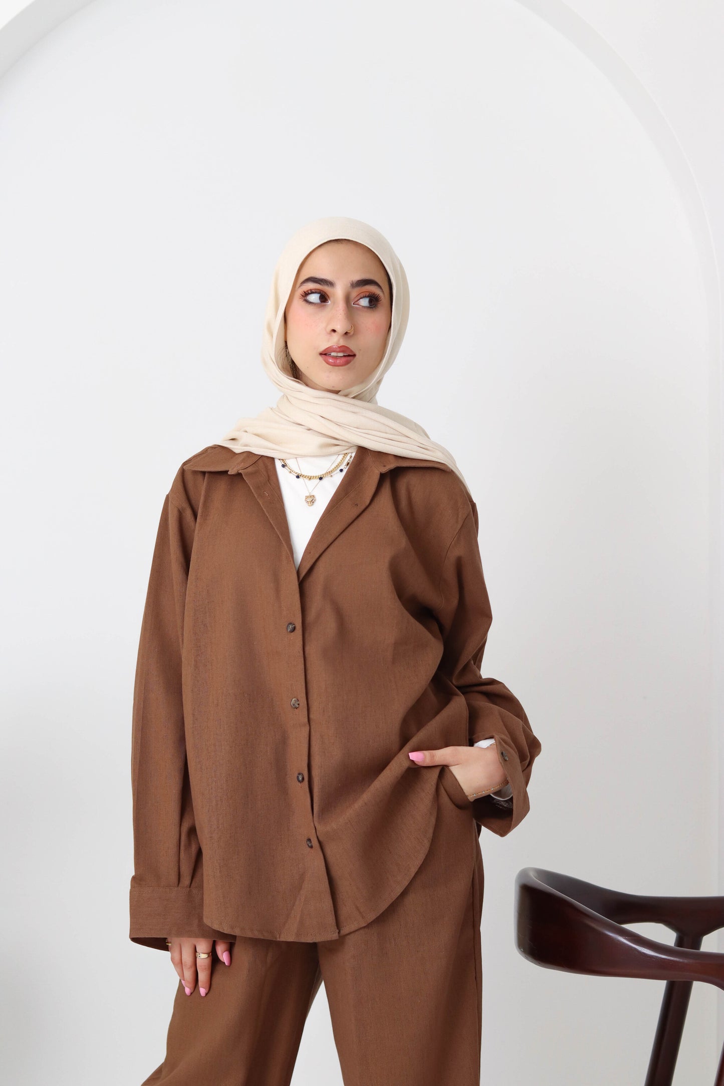 Chocolate Buttoned Linen Set