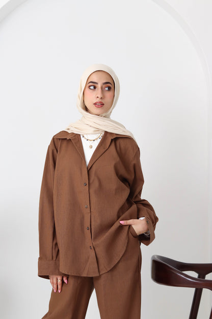 Chocolate Buttoned Linen Set