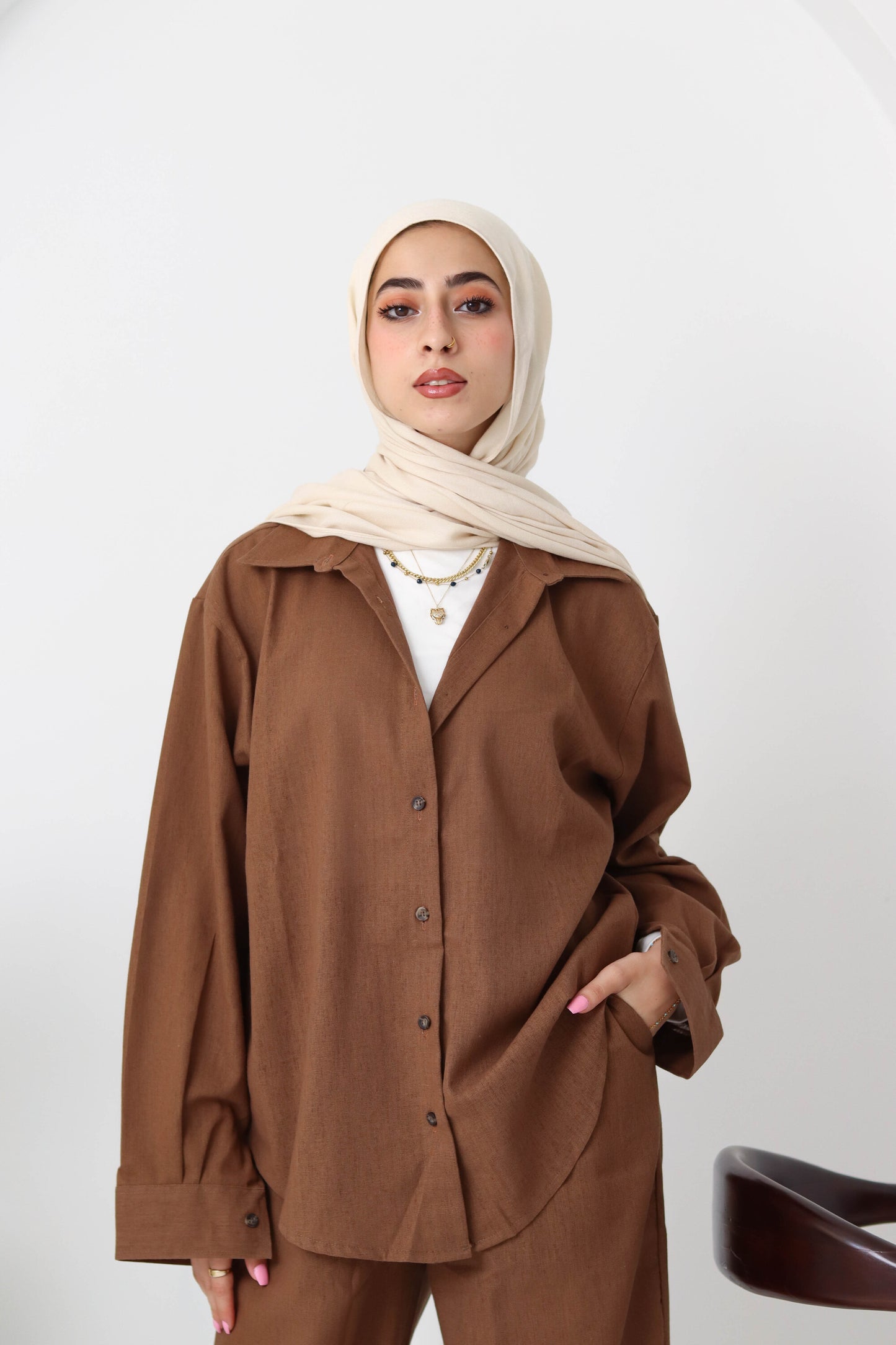 Chocolate Buttoned Linen Set