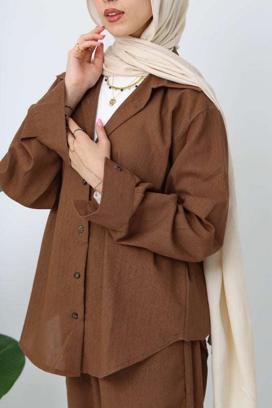 Chocolate Buttoned Linen Set