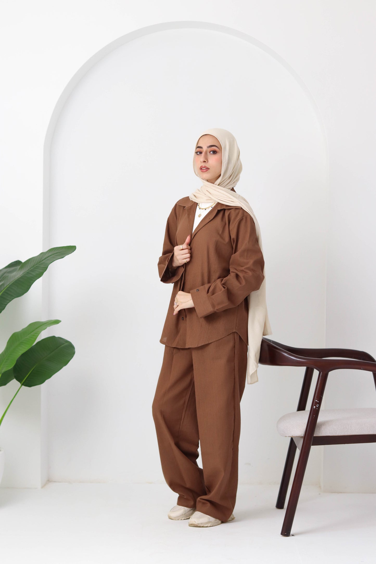 Chocolate Buttoned Linen Set