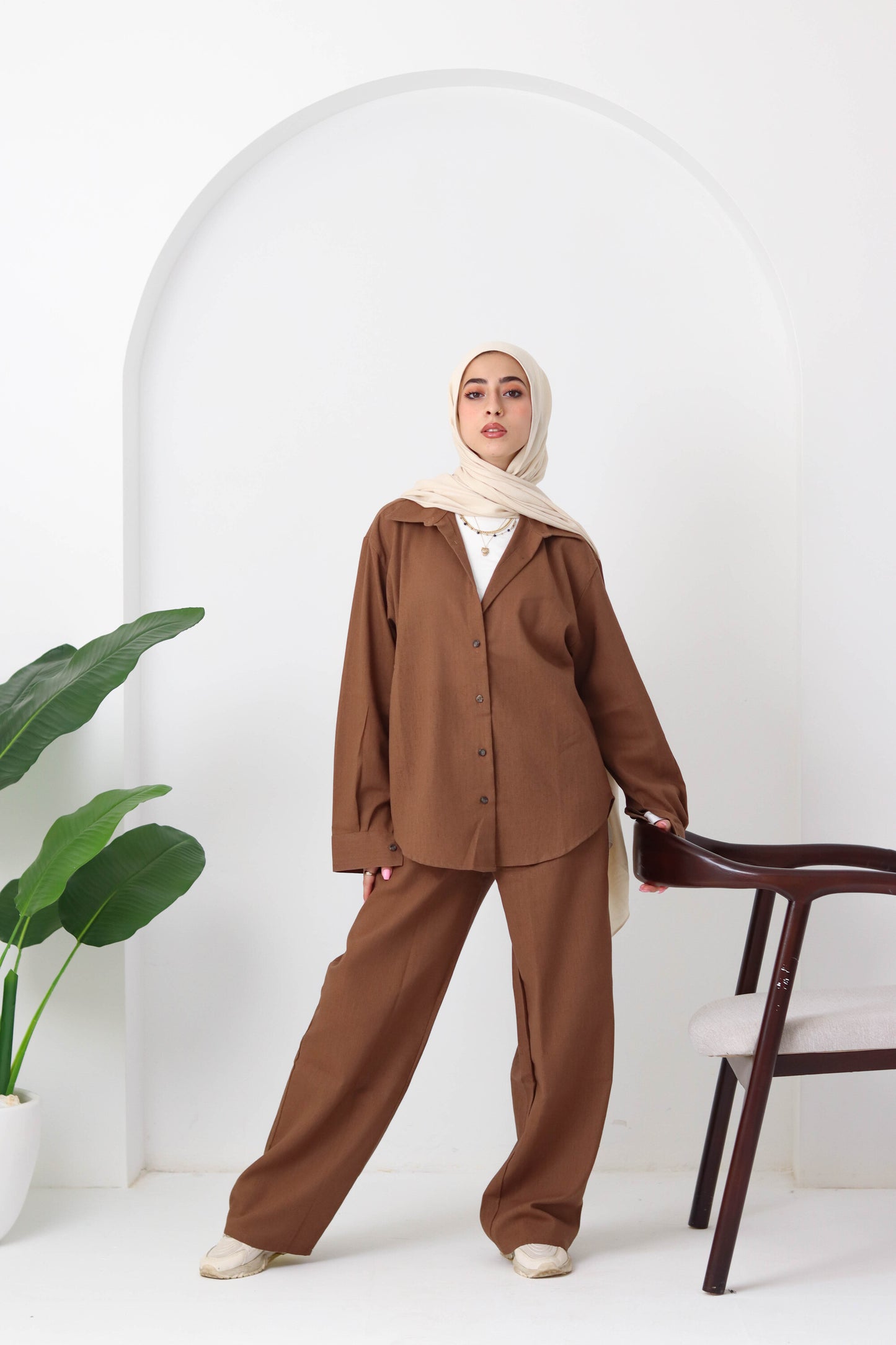 Chocolate Buttoned Linen Set