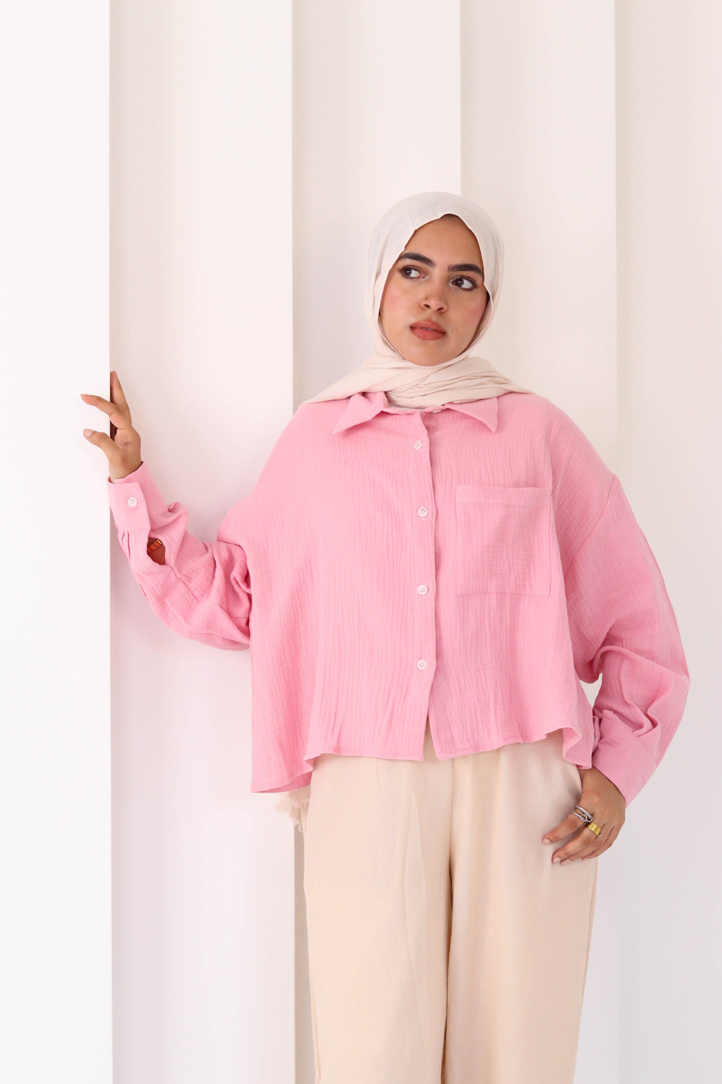 Baby Pink Cropped Crinkled Shirt
