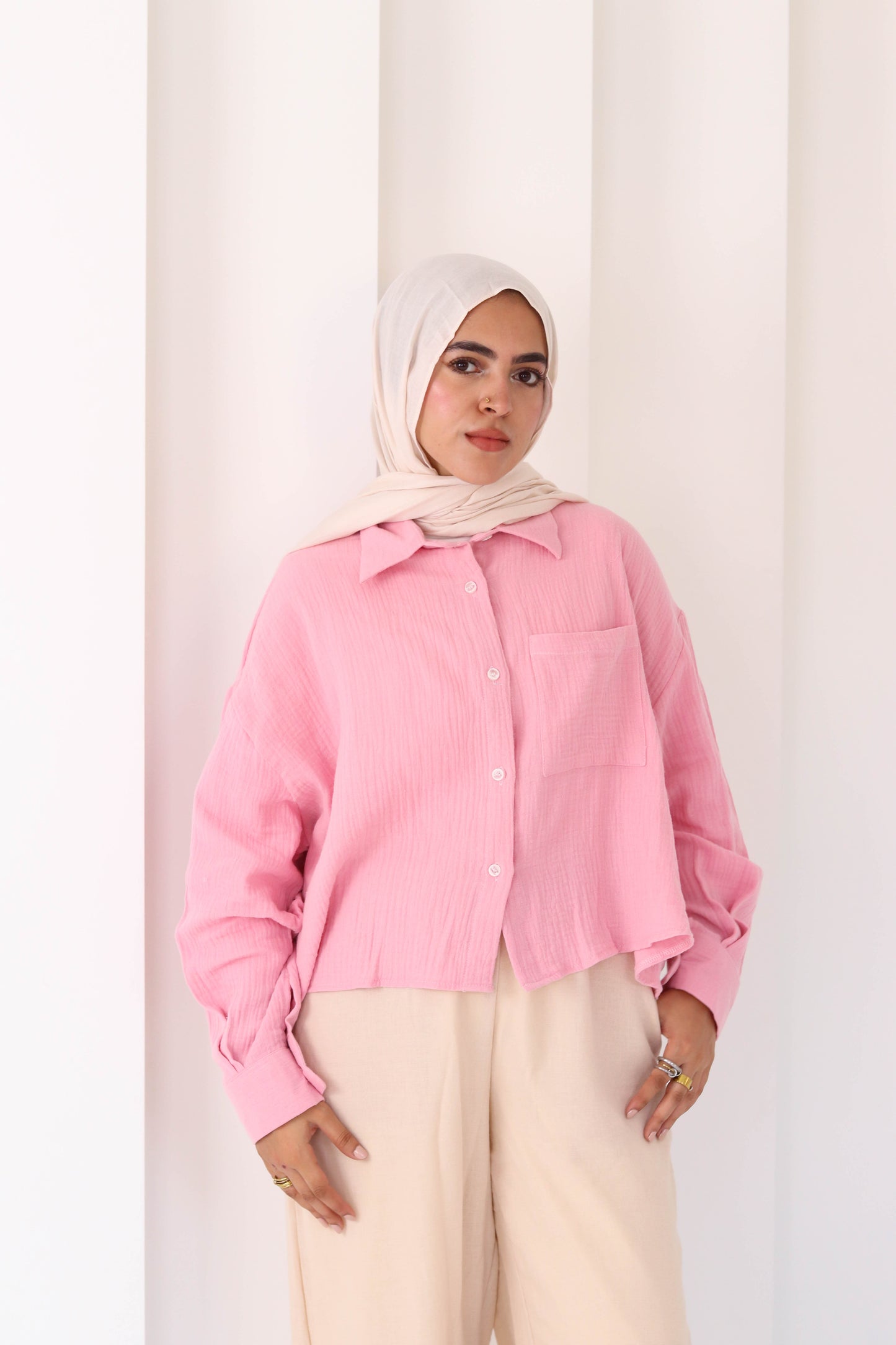 Baby Pink Cropped Crinkled Shirt