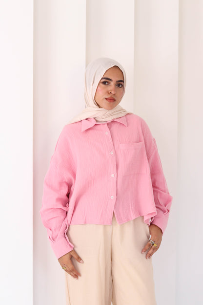 Baby Pink Cropped Crinkled Shirt