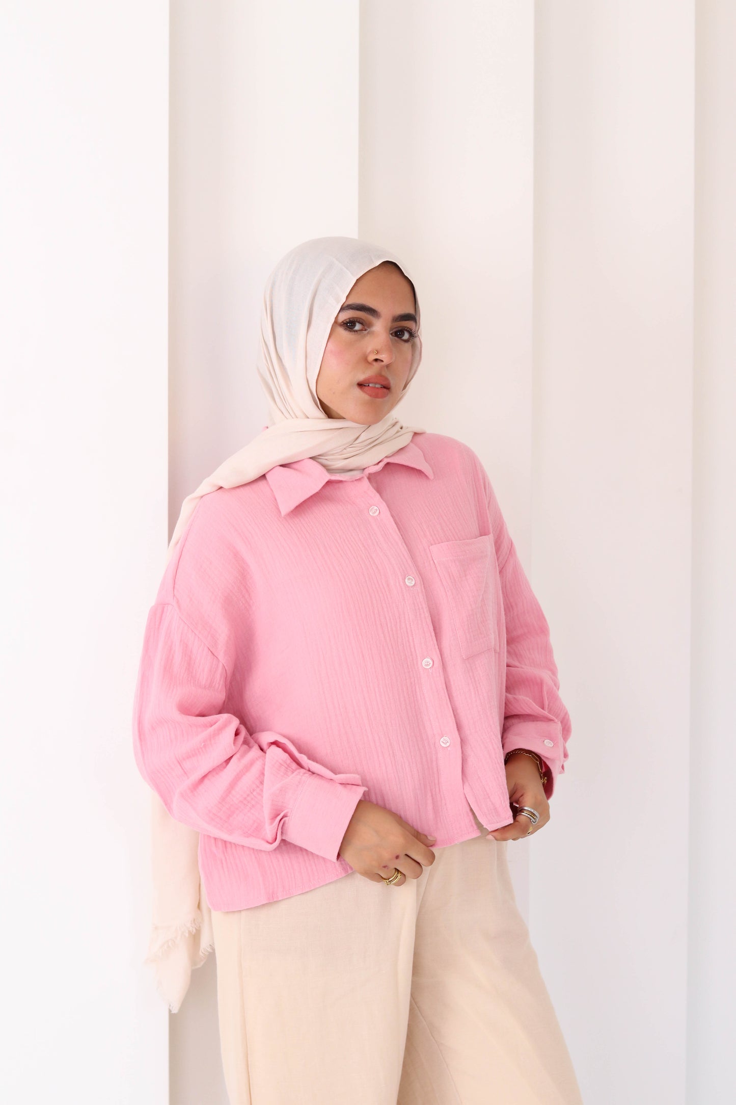 Baby Pink Cropped Crinkled Shirt