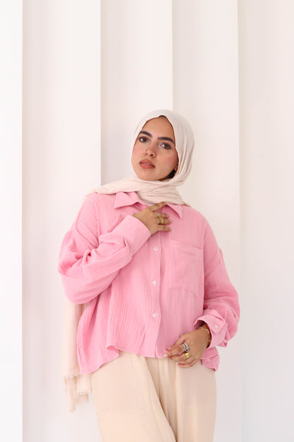 Baby Pink Cropped Crinkled Shirt