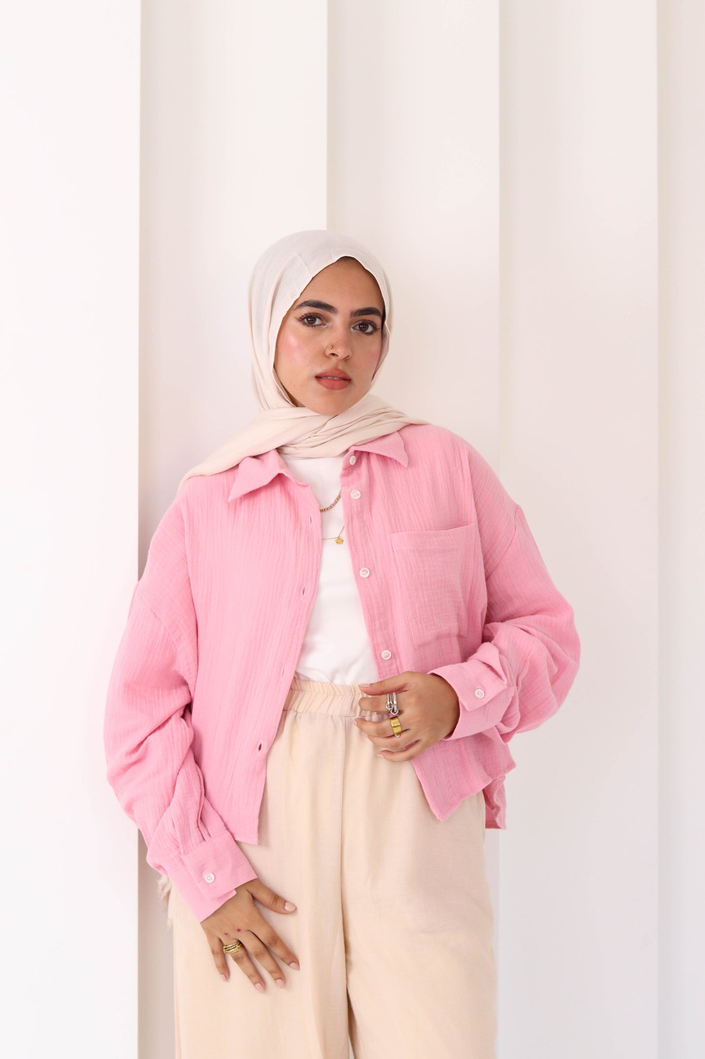 Baby Pink Cropped Crinkled Shirt