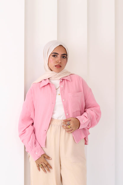 Baby Pink Cropped Crinkled Shirt