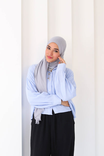 Sky Blue Cropped Crinkled Shirt