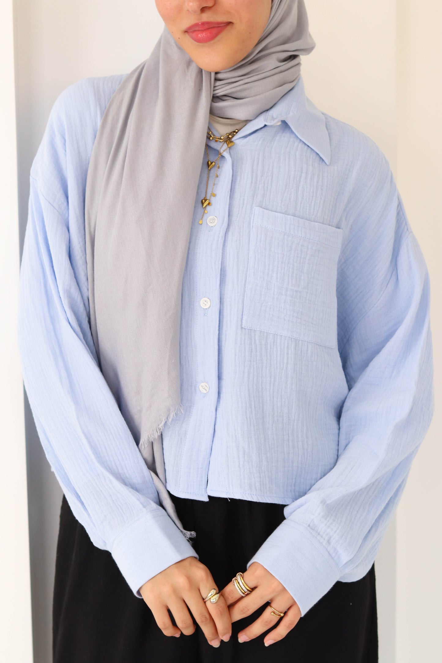 Sky Blue Cropped Crinkled Shirt