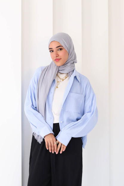 Sky Blue Cropped Crinkled Shirt