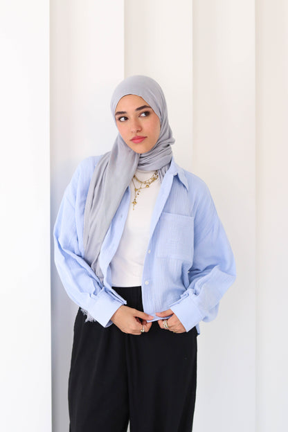 Sky Blue Cropped Crinkled Shirt