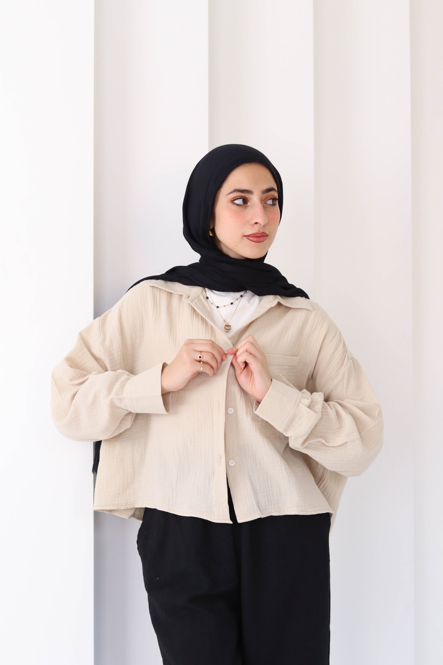 Sand Cropped Crinkled Shirt