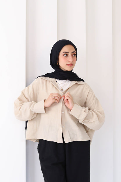 Sand Cropped Crinkled Shirt