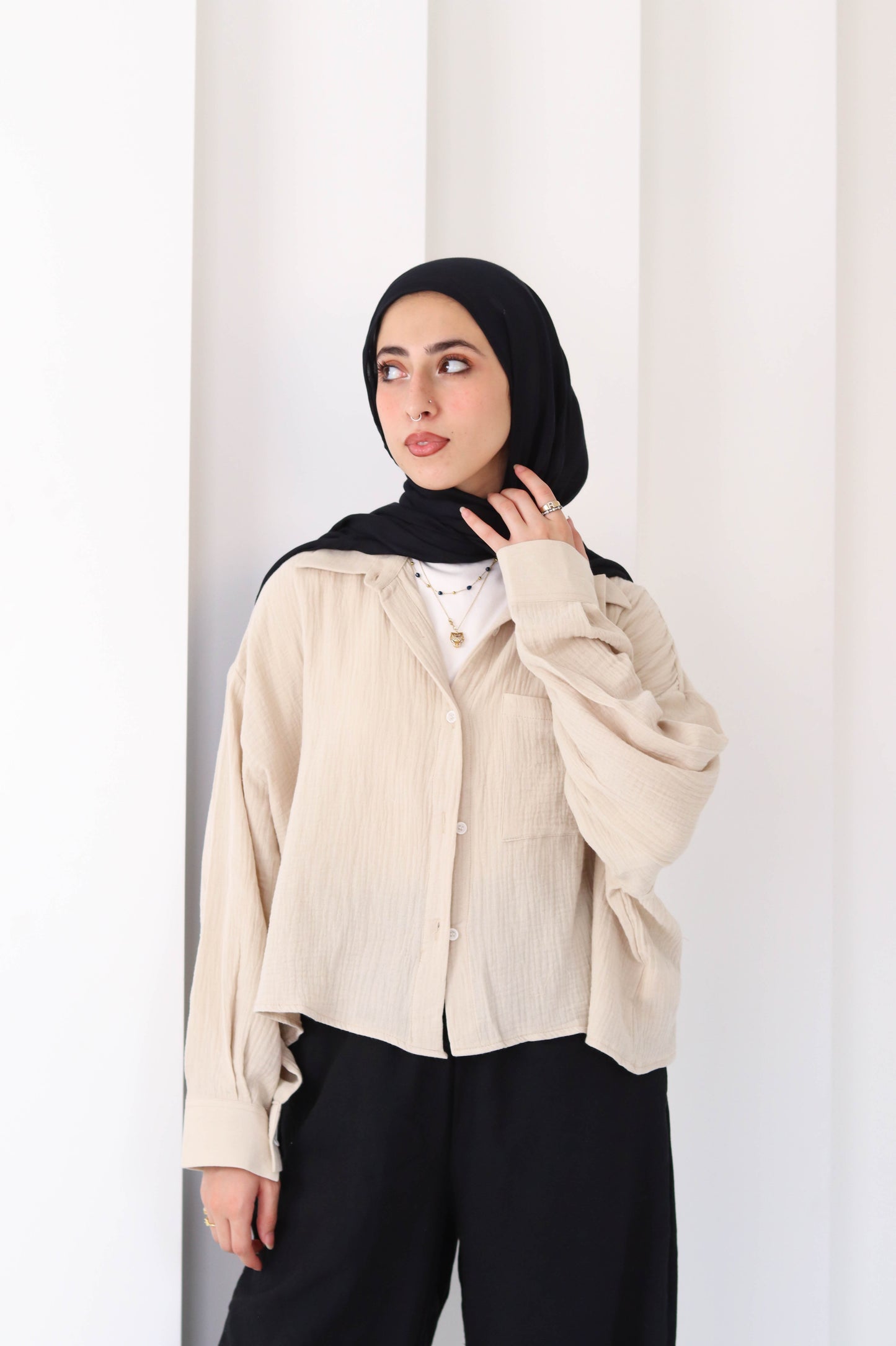 Sand Cropped Crinkled Shirt