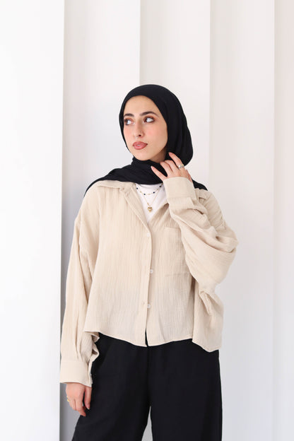 Sand Cropped Crinkled Shirt