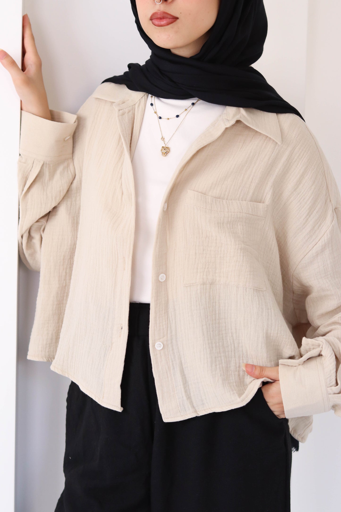 Sand Cropped Crinkled Shirt