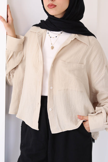 Sand Cropped Crinkled Shirt