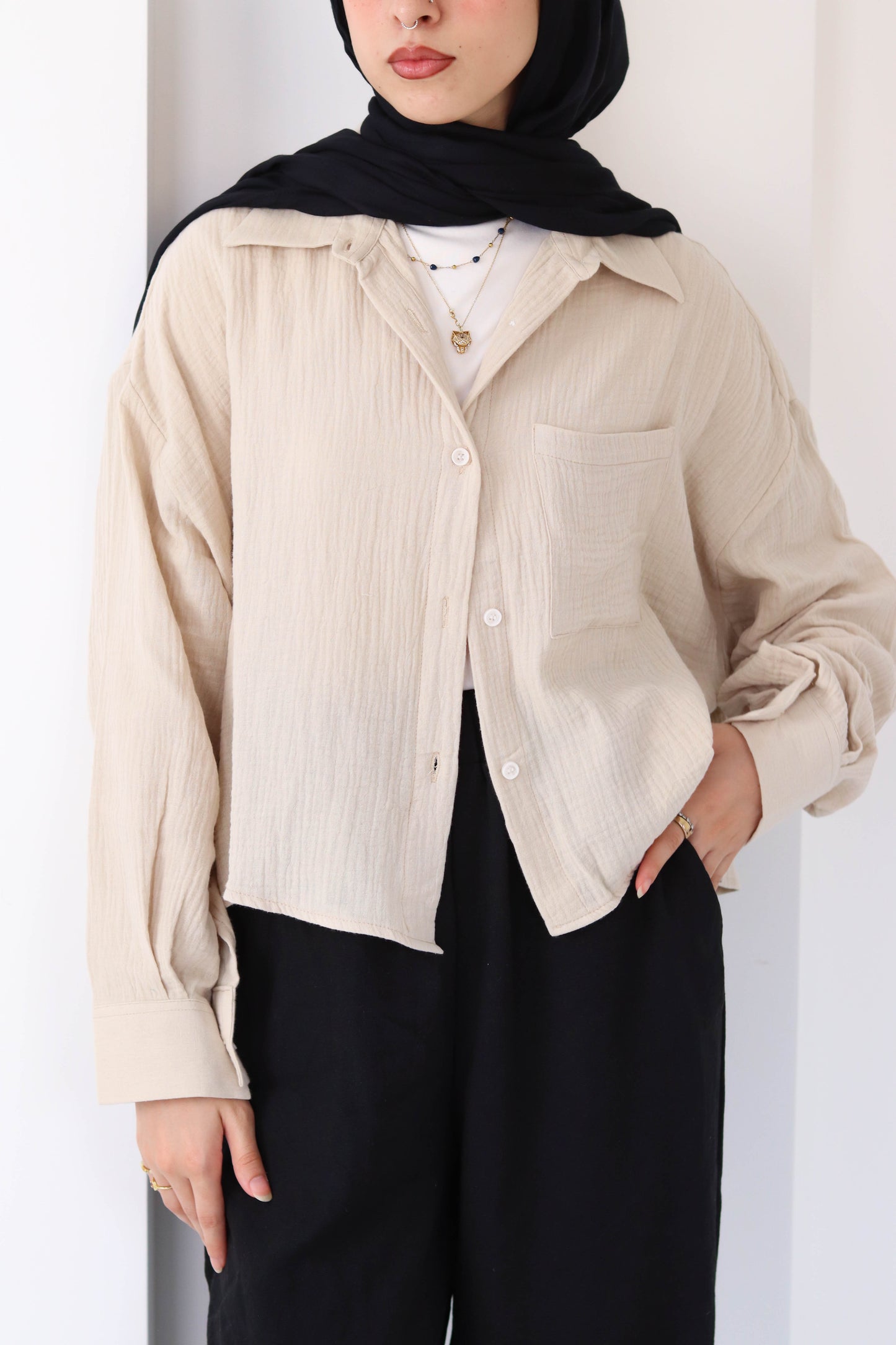 Sand Cropped Crinkled Shirt