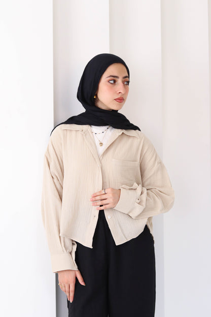 Sand Cropped Crinkled Shirt