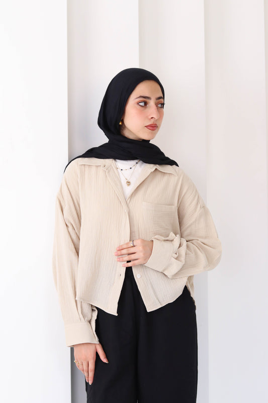 Sand Cropped Crinkled Shirt